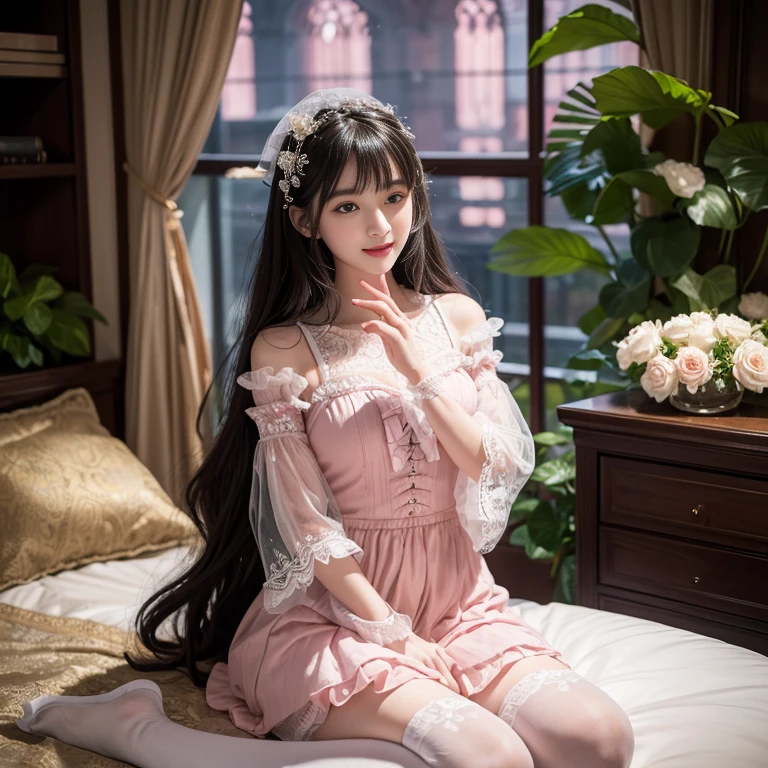 lolita1,dress,flower (best quality, masterpiece:1.2), Extremely detailed, (Practical:1.37), beautiful, youth, Glamorous model, Warm colors, (big eyes, Delicate eyes, Delicate lips, Delicate eyes), Lying in bed, Available in white with floral pattern, Show a bright smile, fit, Full breasts, Long legs, Create a stunning picture of a girl enjoying her sleep