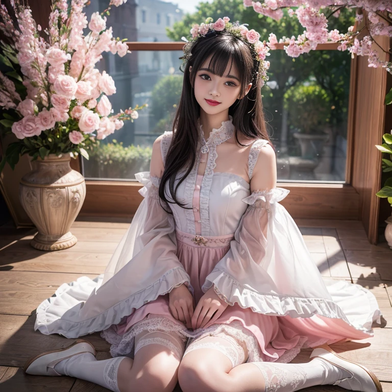 best quality, masterpiece, lifelike, 1 girl, Solitary, eternity, Black Hair, Long curly hair, Bangs, Laugh happily, Layered dress lace-trimmed skirt, Puff sleeves, Wide sleeves, Transparent sleeves, 在flower园里, flower, Detailed background, Delicate face,pink blush,White,Knee socks, Pink shoes,cold,Lots of Lace,((masterpiece))、(top quality)、8k、High Detail、Ultra Detailed、 21 years old female,masterpiece、born、Scenes resembling fairy tale illustrations、Intricate details showcase the ruffles and intricate designs of the Lolita dress、fine、magic、realism、Visual effects、FXAA、SSAO、shader、voiceless、Ambient Lighting、Tone Mapping、high resolution、Ultra HD、Million pixels、(8k resolution:1.10)、8k、Below 8k、8k resolution、High Detail、Intricate details、 (high quality:1.2、masterpiece:1.2、:1.21)、(21 years old female)(Surrounded by the dreamy atmosphere )Laugh happily