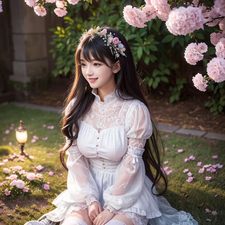 best quality, masterpiece, lifelike, 1 girl, Solitary, eternity, Black Hair, Long curly hair, Bangs, Laugh happily, Layered dress lace-trimmed skirt, Puff sleeves, Wide sleeves, Transparent sleeves, 在flower园里, flower, Detailed background, Delicate face,pink blush,White,Knee socks, Pink shoes,cold,Lots of Lace,((masterpiece))、(top quality)、8k、High Detail、Ultra Detailed、 21 years old female,masterpiece、born、Scenes resembling fairy tale illustrations、Intricate details showcase the ruffles and intricate designs of the ta dress、fine、magic、realism、Visual effects、FXAA、SSAO、shader、voiceless、Ambient Lighting、Tone Mapping、high resolution、Ultra HD、Million pixels、(8k resolution:1.10)、8k、Below 8k、8k resolution、High Detail、Intricate details、 (high quality:1.2、masterpiece:1.2、:1.21)、(21 years old female)(Surrounded by the dreamy atmosphere )Laugh happily