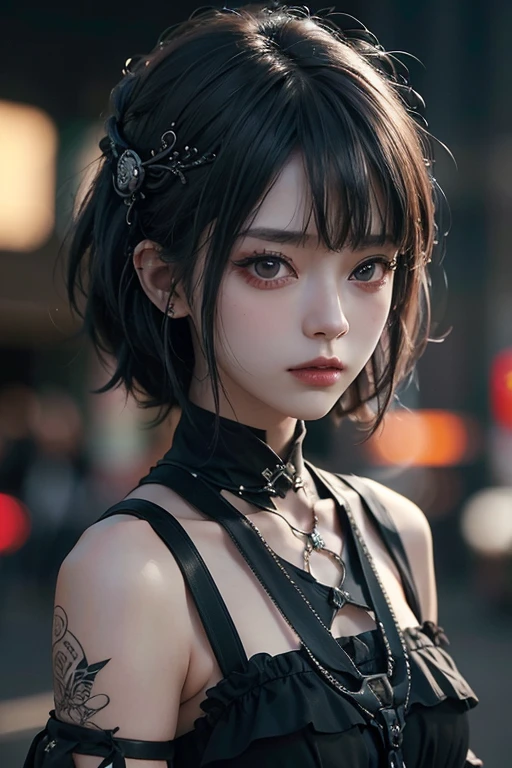top-quality、8K、​masterpiece：1.3、Gothic punk、Red inner color、A grey dark-haired、hair adornments、a beauty girl、creative、dark fantasy style、Neogos、punk shirt Fashion：1.2、hight resolution、​masterpiece、top-quality、headw:1.3、((Hasselblad photo))、Fine-grained skin、Sharp Focus、(lighting like a movie)、Realistic texture