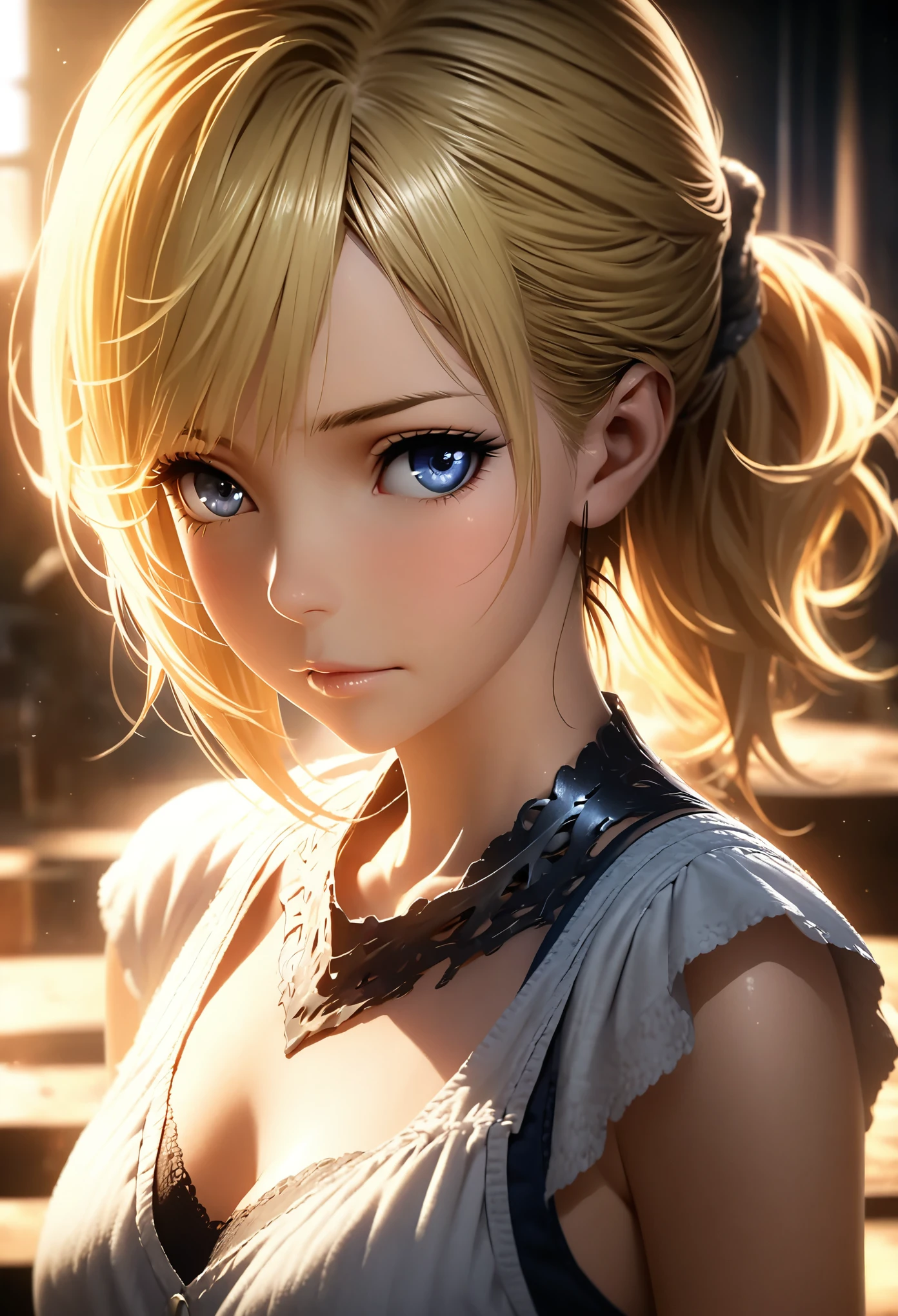 portrait, Practical, blue eyes, Blonde hair, Mid-chest, 4K resolution, High quality CG, Beautiful CG, Soft Light, Octane Rendering