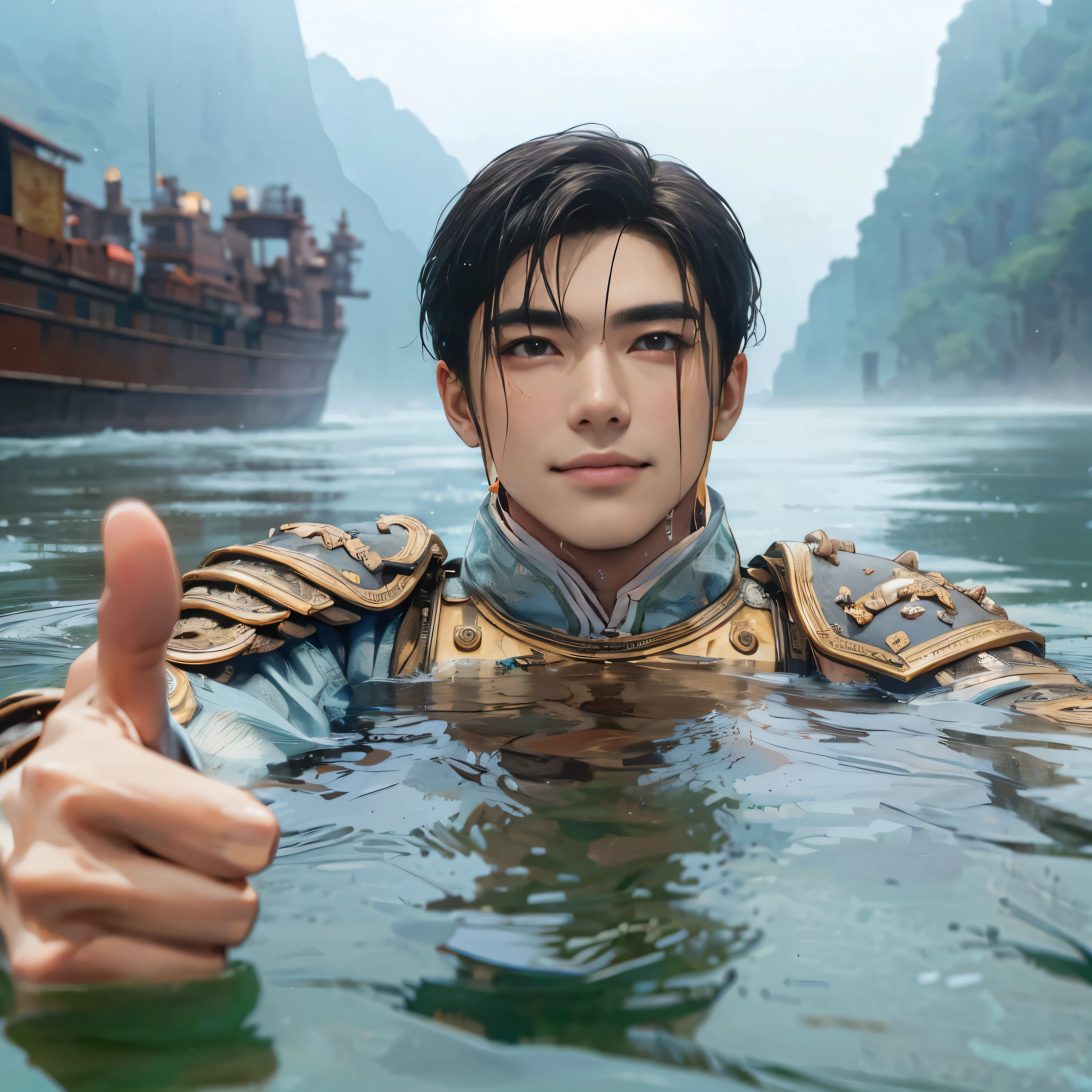 (Best Quality:1.2), (high resolution:1.2), (beautiful face and eye:1.5), (sharpest focus:1.2), (Ultra-realistic Photo:1.2), (Ultra-precise Photo:1.2), (Depth of field:1.2), (8k high resolution:1.2). (perfect anatomy:1.2), 
(nice hands:1.5), (perfect hands:1.5), (One drowning Chinese man:1.2), (Very young and beautiful Chinese man:1.0), (Smiling thumbs up in a state of resignation:1.2), (Looking up angle:1.2), 
(Chinese warrior in very light clothing, beaten up:1.0), (Majestic Chinese river:1.0), (Cynical smile:1.0), (Giant battleship:1.0), (Mars shining reddish-red in the night sky:1.2), 