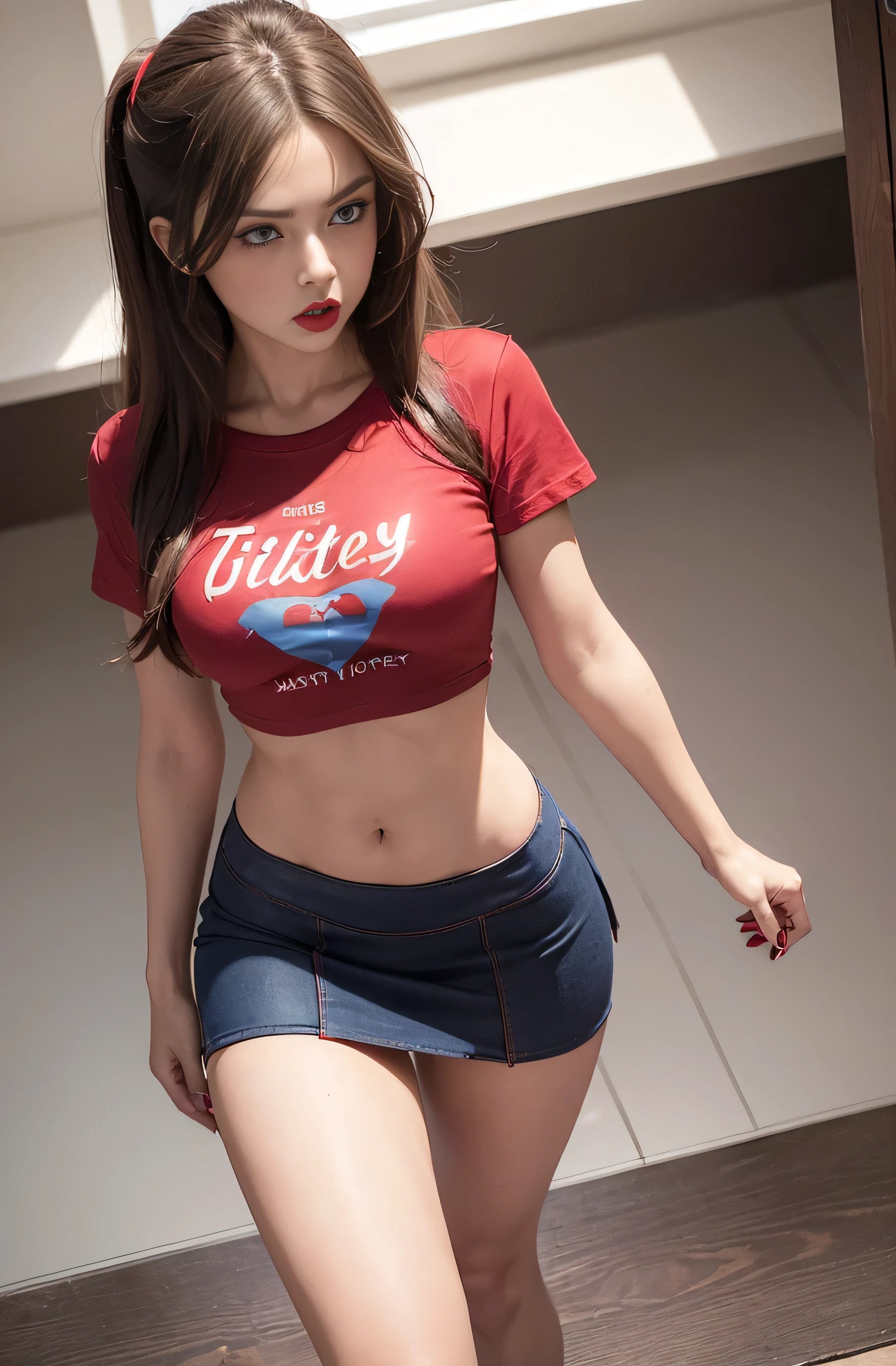 (Best quality, masterpiece: 1.1), (fidelity: 1.4), 1 girl, 30 years old, upper body, Slender body, very long hair, study, very young girl, slave, ((red shirt)), ((miniskirt)), slave necklace, high heels, ((very small breasts)), extremely beautiful woman, ((ultra detailed and toned legs)), ((very wide hips)), ((very thick and toned thighs)), (sexy), ((extreme hourglass figure)), ((very thick heart lips)), ((very small and thick lips)), ((red lipstick)), ((blue eyes)), ((angry look)), (blush), (makeup), miniskirt, high heels, ((she is angry)), ((she used a shirt and miniskirt)), she is angry