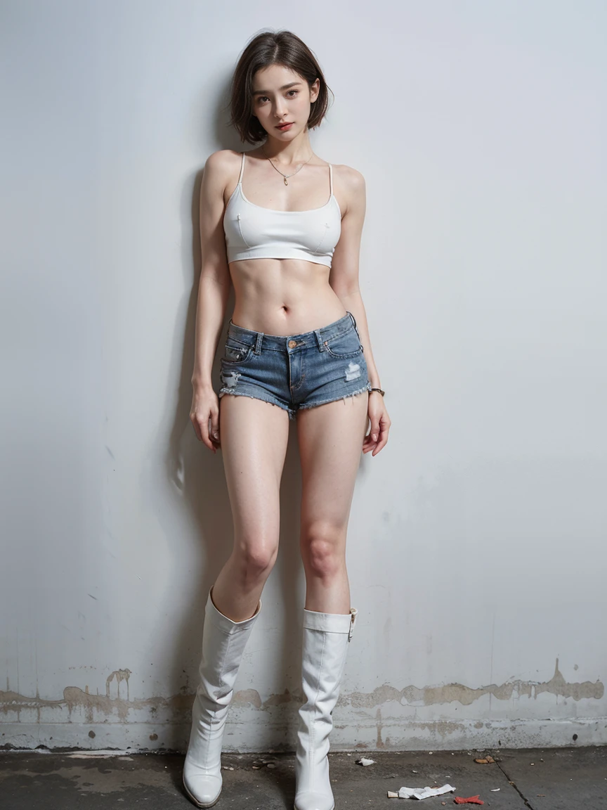 masterpiece,highest quality,High resolution,Full Body View,White jacket,Red innerwear,Belly button,Belted denim mini shorts,The heroine in white cowboy boots,Perfect Legs,Perfect Skin,Perfect Arms,Abdominal muscles,The background is an abandoned factory, short hair, naked portrait, nude photography, shiny nipple, show armpit 