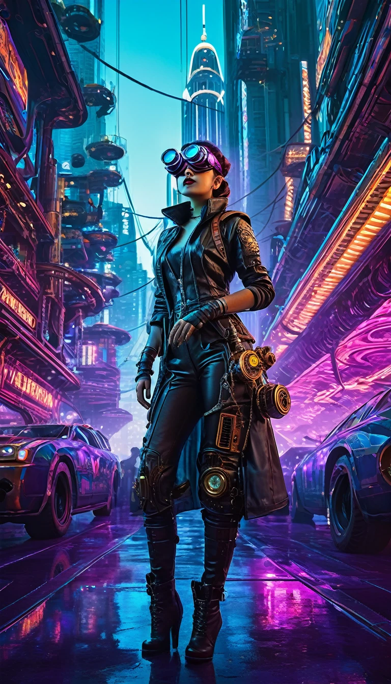 A girl in an atompunk city, wearing a futuristic outfit, with glowing neon lights reflecting on her metallic, high-tech goggles and visor. She is holding a vintage raygun in her hand and standing in front of a retro-futuristic vehicle. The cityscape is filled with towering skyscrapers adorned with art deco designs, and floating advertisements showcasing advanced technology. The streets are bustling with people wearing steampunk-inspired clothing, and there are airships soaring through the sky. The overall scene is bathed in a vibrant color palette, with a mix of cool blues and purples contrasting with the warm hues of the neon lights. The lighting is dramatic and dynamic, casting long shadows and emphasizing the futuristic elements in the scene. The image quality is (best quality, ultra-detailed, realistic:1.37), with sharp focus and vivid colors. The art style is a combination of steampunk and cyberpunk, with intricate details and a sense of technological advancement.