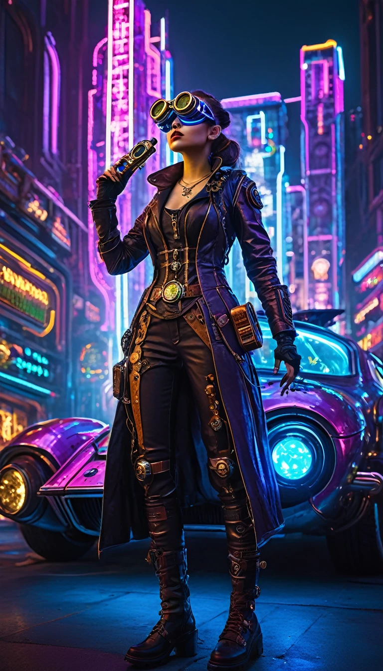 A girl in an atompunk city, wearing a futuristic outfit, with glowing neon lights reflecting on her metallic, high-tech goggles and visor. She is holding a vintage raygun in her hand and standing in front of a retro-futuristic vehicle. The cityscape is filled with towering skyscrapers adorned with art deco designs, and floating advertisements showcasing advanced technology. The streets are bustling with people wearing steampunk-inspired clothing, and there are airships soaring through the sky. The overall scene is bathed in a vibrant color palette, with a mix of cool blues and purples contrasting with the warm hues of the neon lights. The lighting is dramatic and dynamic, casting long shadows and emphasizing the futuristic elements in the scene. The image quality is (best quality, ultra-detailed, realistic:1.37), with sharp focus and vivid colors. The art style is a combination of steampunk and cyberpunk, with intricate details and a sense of technological advancement.