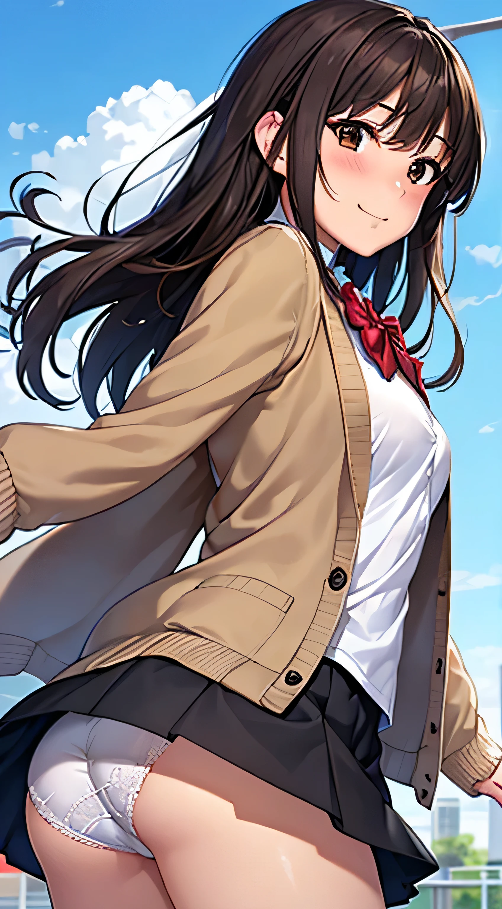((Tabletop, highest quality, High resolution, , Perfect Pixel, 4K,))), 1 high school girl, single, alone, beauty、The whole body is visible、 ((Mid-wave hair, bangs, Brown Hair)), ((Brown eyes, Beautiful eyelashes, Realistic eyes)), ((Detailed face, Blushing:1.2)), ((Smooth texture:0.75, Realistic texture:0.65, Realistic:1.1, Anime CG Style)), Medium Chest, Dynamic Angle, Perfect body, ((Red bow tie, , Black jacket, Open jacket, Brown cardigan, White shirt, Black Skirt, Check skirt)), 、、Very embarrassing panic smile, looked back、Leaning forward、The wind is blowing and my underwear is completely visible、Touch your buttocks with both hands、white and light blue floral lace panties、Angle from below)、