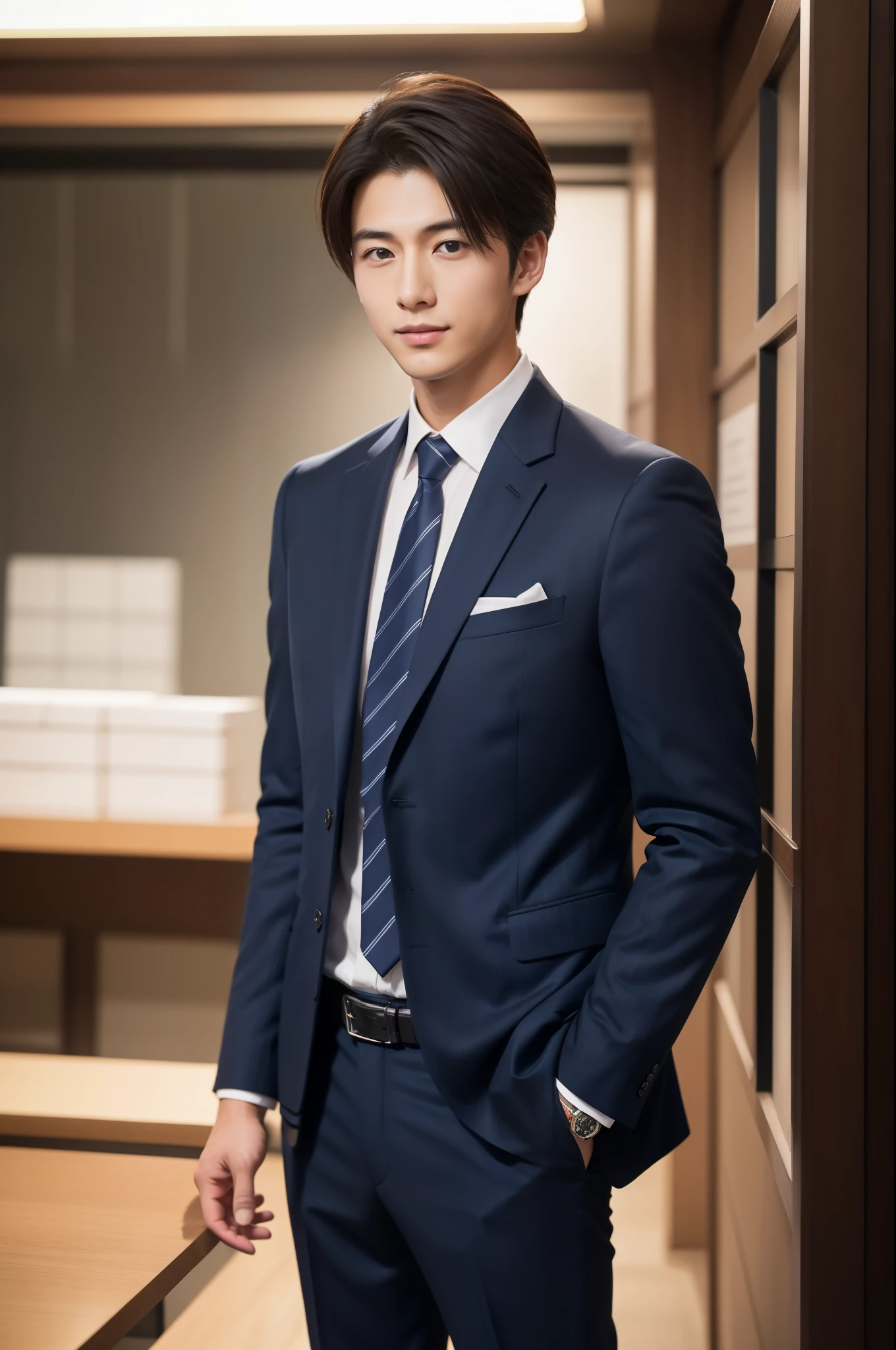 A fresh and handsome 20-year-old new employee、　（A super cool S-class man in a suit）、　20 year old Japanese boys、　Businessman、　Ultra-luxury suits、　Striped suit、　office、　Standing in a suitＳYoung and handsome men、　Full body photo、　（CG Unity 8KのVery detailed写真）、　（Very detailedＳHandsome man in class）、　（Photo realistic）、　　（（highest quality））、　Ultra-detailed、　（masterpiece）、　Ultra HD、　expensive、　Audience、　A kind man、　Very beautiful hair、　Short-haired、　Bright photo、　Handsome like a model、　Handsome like an idol、　Luxury Watches、　Cool Belt、　Japanese
