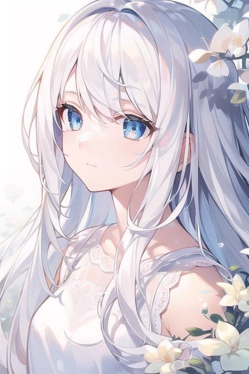 ((masterpiece, best quality))++, Detailed lighting+,  Detailed hair+, Detail hand+ ,1 girl, Miss, Long hair,   Deep blue eyes,  beautiful eyes, young white hair,,(Beautiful white hair:1.5),(Beautiful and delicate eyes),  high resolution+,glass tint, Reflective eyes,   {{angle}} , Very detailed wallpaper, The original, ,Sea of Flowers