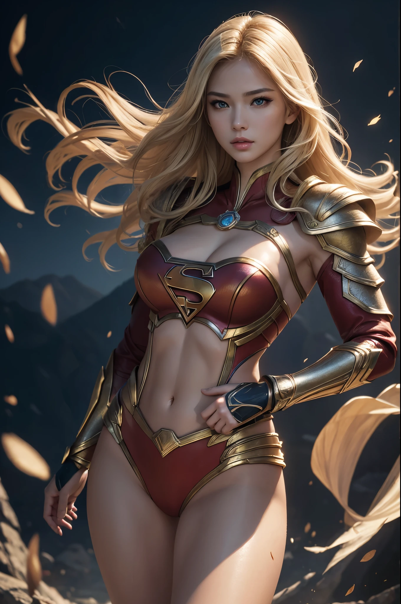8K,Warrior Supergirl,Blonde,Super Beauty(Like the real thing),masterpiece,Photorealistic RAW photos of the highest quality。Bright colors,Rich colors, Backlight, Cinema Lighting, Film Grain, to be born, 50mm lens, Nikon D850,Realistic Skin,Fantasy art,Character Art,Ultra-high resolution,Surreal,A wonderful work of art、((Kyoto Panel Style))、Wind effects:1.9、Cloud Effect:1.2、Full Rendering、Beautiful armor patterns and decorations,Surreal,Armor details,Professional quality high resolution、Perfect contrast、Perfect lighting、Perfect composition、Perfect Skin、Perfect Fingers、Perfect breasts、Perfect Hair、Perfect Face、Realistic facial features,super highest quality,Slim figure,Perfect body line,Perfect hand shape,Anatomical body balance,Highly detailed face,Highly detailed eyes,Beautiful Lips,Excellent light particles,Cinema Lighting,Makeup,Ultra-high resolution,超Realistic Skin,Sexy woman closeup,Dynamic pose,Hard and strong abs,Makeup,