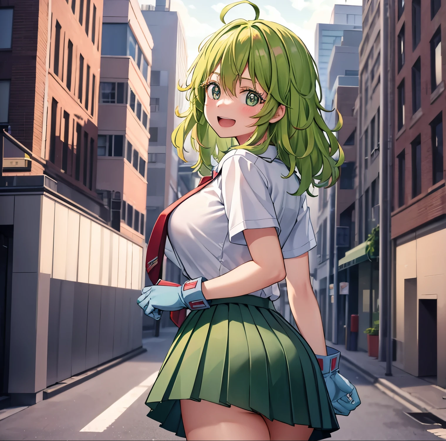 1 girl, alone, Tooru Hacekure, from behind, looking at viewer, pov (from below), green hair, blush, green eyes, messy hair, medium hair, medium breasts, medium waist, wide hips, medium thighs, round butt, bangs, hair between eyes, smile, gloves, ahoge, blue gloves, multicolored hair, shirt, , white shirt, tie, red tie, skirt, pleated skirt, collarbone, collared shirt, green skirt, ua, short sleeves, swat, v, outdoors, day, clouds, buildings, school, trees, bushes, standing, looking back, from behind, focus on anus, open mouth, :d, teeth, masterpiece, best quality, highly detailed background, perfect lighting, best quality ((glowing skin, glowing skin, detailed skin)), perfect anatomy, perfect hands