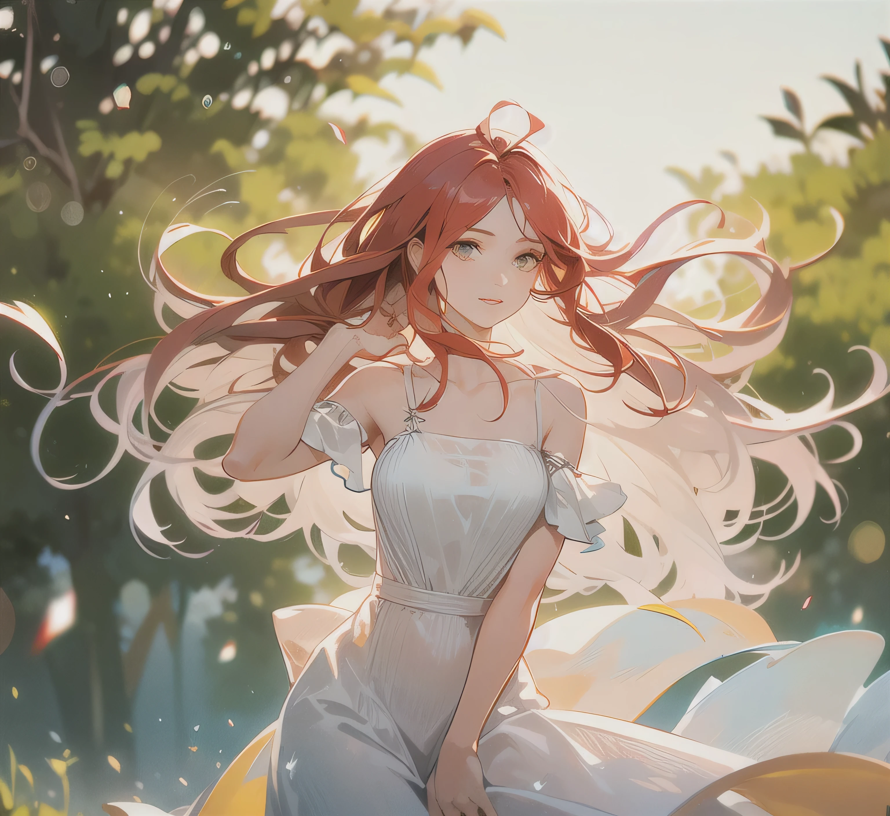 "(best quality,ultra-detailed,high resolution:1.2), vibrant colors, detailed red wavy long hair,split bangs, mesmerizing hazel eyes, enchanting girl in a garden, bokeh, fine art, realistic lighting". soft light. RED, LONG HAIR. BEAUTIFUL EYES. THIS HAIR IS ((RED)). Red red red hair.