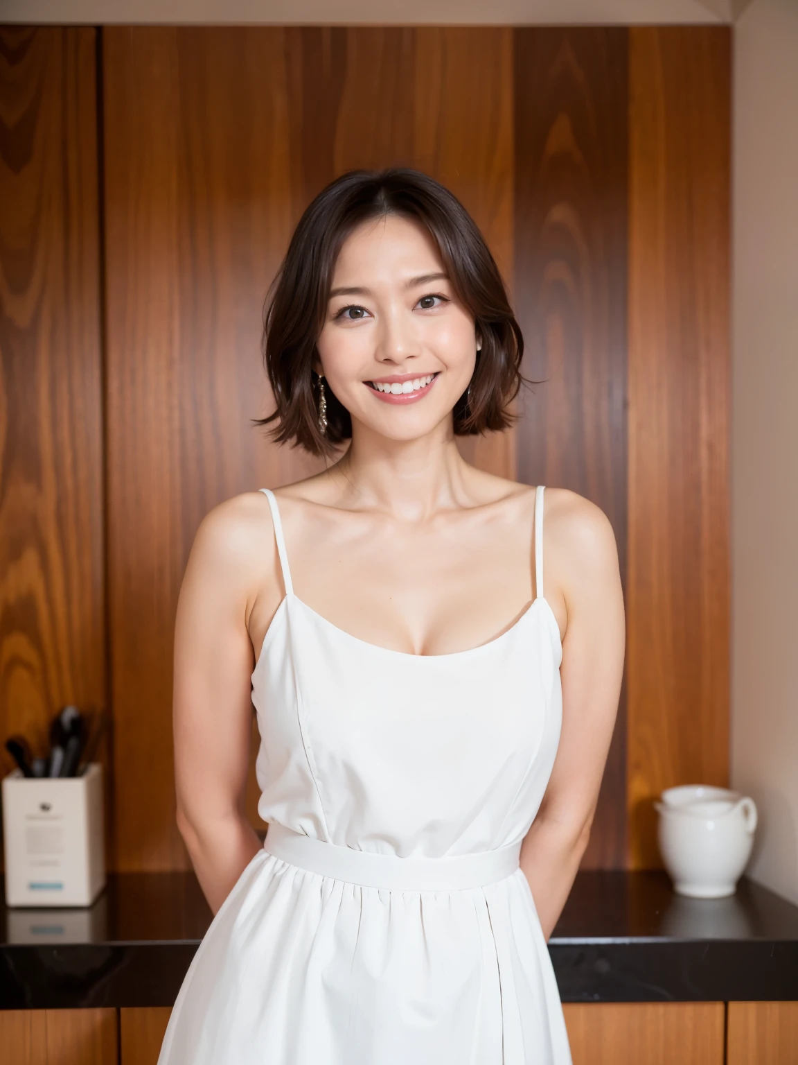最high quality, In 8K, Masseter region, Vibrant, Sharp focus, high quality, High resolution, Detailed face, Fine grain, Thick lips, (Looking at the audience), alone, Beautiful woman, 38 years old, (Standard body shape)、(D cup breasts)、(Short black hair:1.5), Cleavage、(Bright room、Wooden wall)、 (Standing at the kitchen island:1.6)、(White dress:1.6)、(smile:1.5)、(Black pumps:1.5)