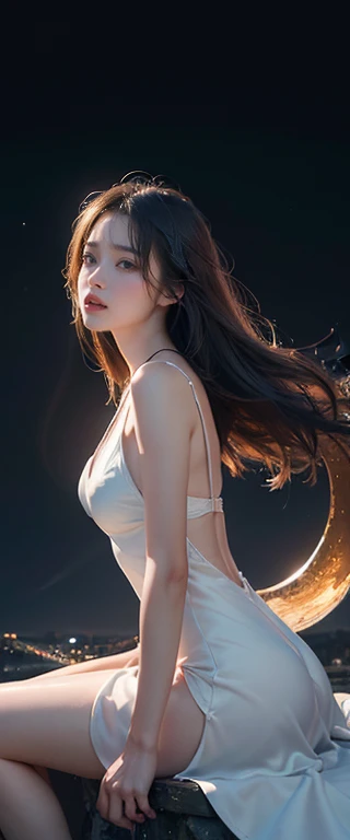 ((masterpiece, highest quality, Highest image quality, High resolution, photorealistic, Raw photo, 8K)), ((Extremely detailed CG unified 8k wallpaper)), Floating, Side view of a woman sitting on a giant crescent moon in the night sky, white one-piece dress.