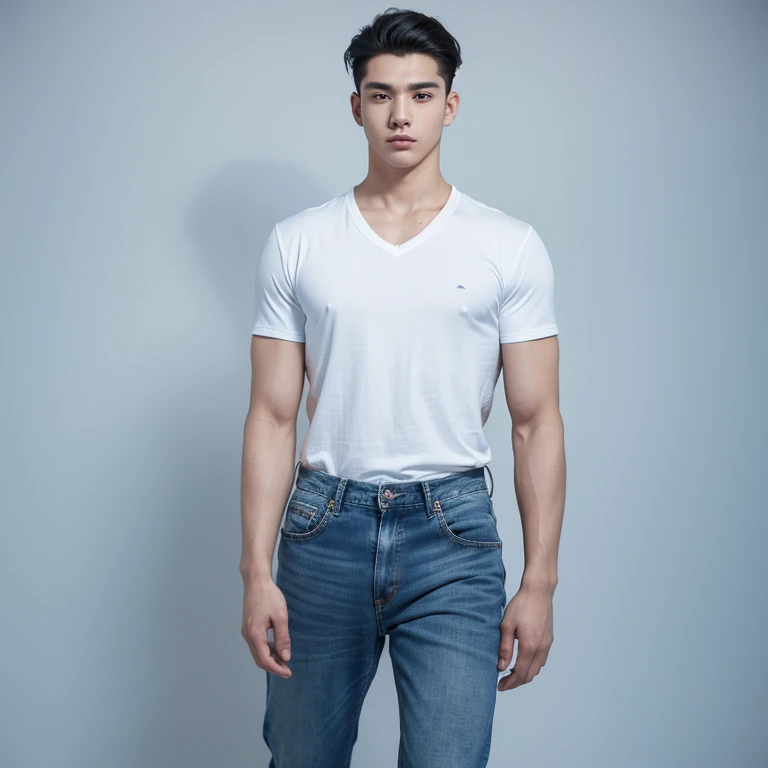 male, 20 year old boy, black eyes, slick back, wearing white long hand shirt clothes, blue jeans, Pectoral muscles, Wide shoulders , half body photo, walking, head facing the camera, (background: blue color empty background)