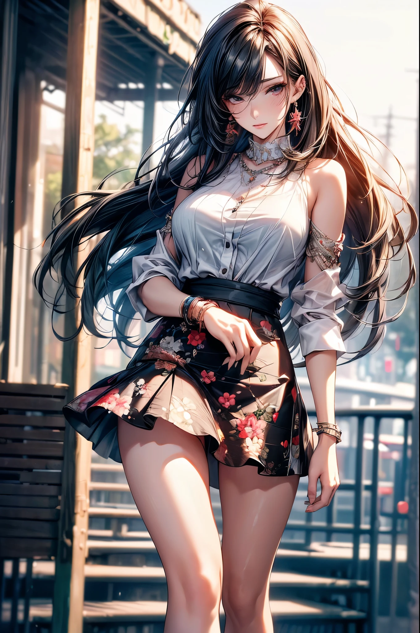 ((best quality, 8k, masterpiece: 1.3)), 1 Girl, Slim beauty: 1.3, (Long hair: 1.2), Floral Skirt, Long legs: 1.1, Super delicate face, Beautiful eyes, Double eyelids, outdoor, Octane Render