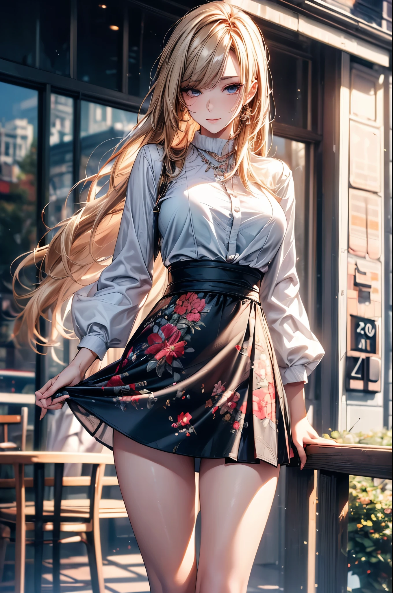 ((best quality, 8k, masterpiece: 1.3)), 1 Girl, Slim beauty: 1.3, (Long hair: 1.2), Floral Skirt, Long legs: 1.1, Super delicate face, Beautiful eyes, Double eyelids, outdoor, Octane Render