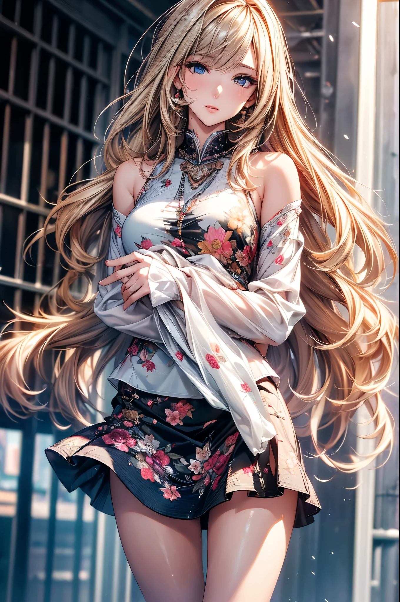 ((best quality, 8k, masterpiece: 1.3)), 1 Girl, Slim beauty: 1.3, (Long hair: 1.2), Floral Skirt, Long legs: 1.1, Super delicate face, Beautiful eyes, Double eyelids, outdoor, Octane Render