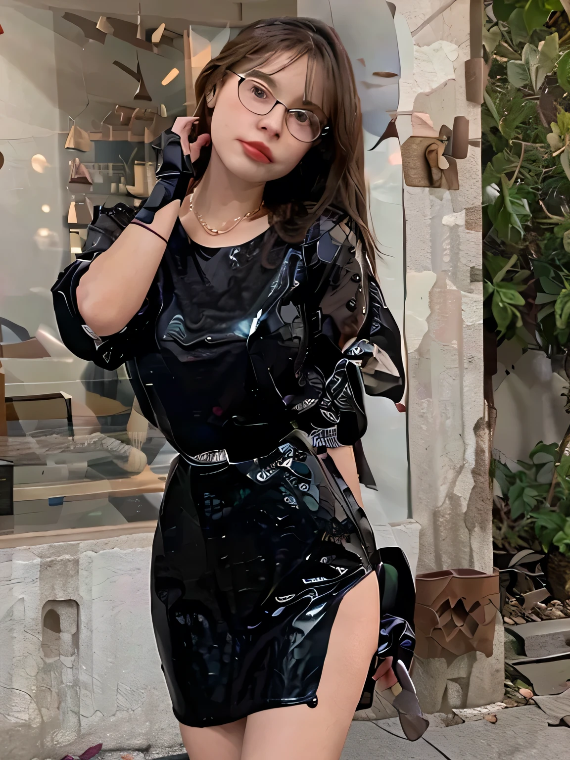 Crie um manequim usando uma roupa de um desfile de moda, algo surrealista, diferente de uma roupa normal. Um short preto de couro, a lilac blouse that only has one transparent sleeve. One latex boot that goes up to the thigh and the other up to the shin, as botas tem alturas diferentes. The mannequin wears latex gloves that only cover the palm of the hand, small black glasses and a pearl necklace.