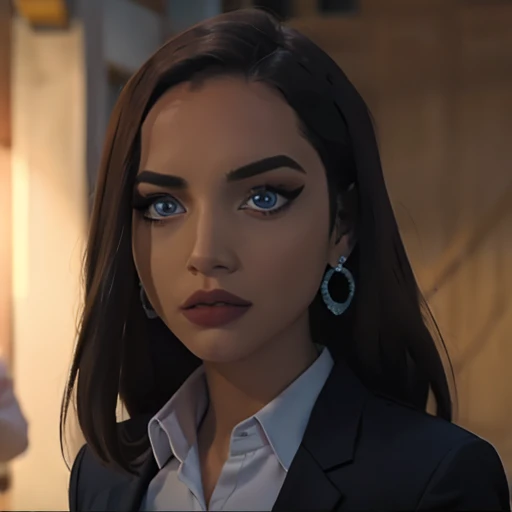 (masterpiece, high quality) woman, formal business suit, shirt, pants, solo , looking at viewer, perfect face, suits Navy blue, crystal blue eyes, eyelashes, makeup