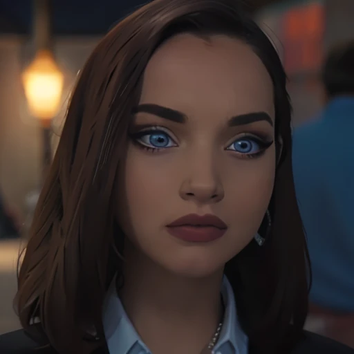 (masterpiece, high quality) woman, formal business suit, shirt, pants, solo , looking at viewer, perfect face, suits Navy blue, crystal blue eyes, eyelashes, makeup