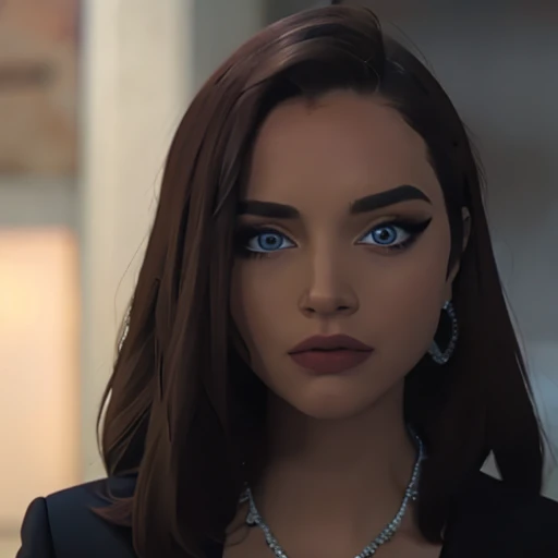 (masterpiece, high quality) woman, formal business suit, shirt, pants, solo , looking at viewer, perfect face, suits Navy blue, crystal blue eyes, eyelashes, makeup