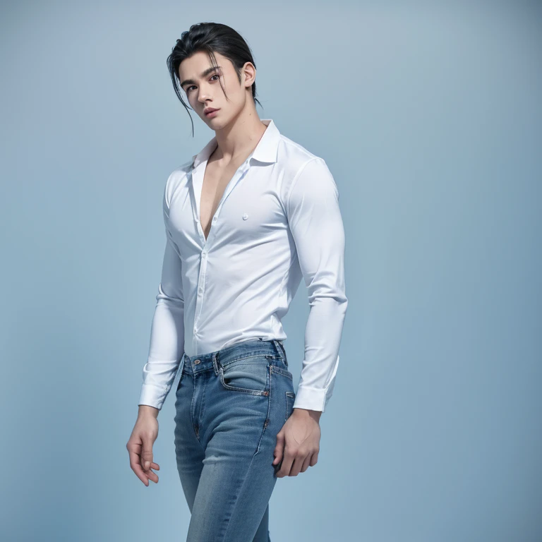 male, 20 year old boy, black eyes, slick back, wearing white long hand shirt clothes, blue jeans, Pectoral muscles, Wide shoulders , half body photo, walking, head facing the camera, (background: blue color empty background)
