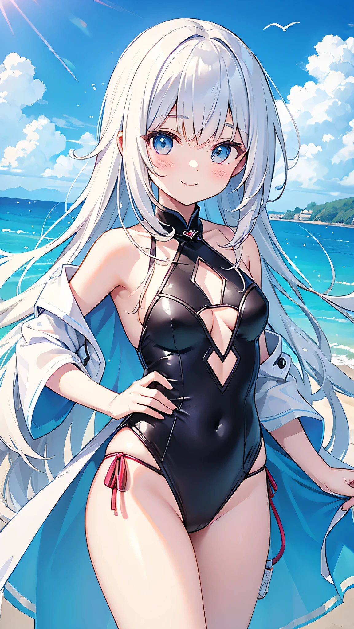 slender beautiful girl, silver school swimsuit, high resolution, best quality, super detail, fine details, no blush, pool, splash, sunny sky, embarrassed expression