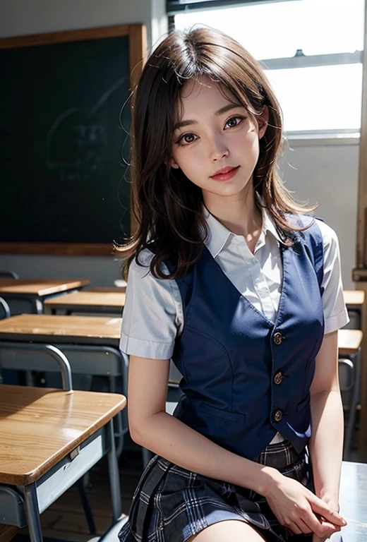 (((medium hair))), best quality, 8K, HDR, highres, absurdres:1.2, blurry background, bokeh:1.2, Photography, (RAW photo:1.2), (photorealistic:1.4), (masterpiece:1.3), (intricate details:1.2), 1girl, solo, japanese girl, delicate, beautiful detailed, (detailed eyes), (detailed facial features), , (((small breasts))), skin tight, (looking_at_viewer), from_front, (skinny), (best quality:1.4), (ultra highres:1.2), cinema light, (extreme detailed illustration), (lipgloss, best quality, ultra highres, depth of field, caustics, Broad lighting, natural shading, 85mm, f/1.4, ISO 200, 1/160s:0.75),1girl, solo, (((blue vest))) smile, ((school uniform, pleated skirt with checker pattern, classroom))