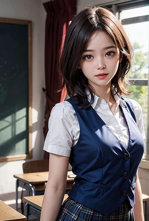 (((medium hair))), best quality, 8K, HDR, highres, absurdres:1.2, blurry background, bokeh:1.2, Photography, (RAW photo:1.2), (photorealistic:1.4), (masterpiece:1.3), (intricate details:1.2), 1girl, solo, japanese girl, delicate, beautiful detailed, (detailed eyes), (detailed facial features), , (((small breasts))), skin tight, (looking_at_viewer), from_front, (skinny), (best quality:1.4), (ultra highres:1.2), cinema light, (extreme detailed illustration), (lipgloss, best quality, ultra highres, depth of field, caustics, Broad lighting, natural shading, 85mm, f/1.4, ISO 200, 1/160s:0.75),1girl, solo, (((blue vest))) smile, ((school uniform, pleated  skirt with checker pattern, classroom))