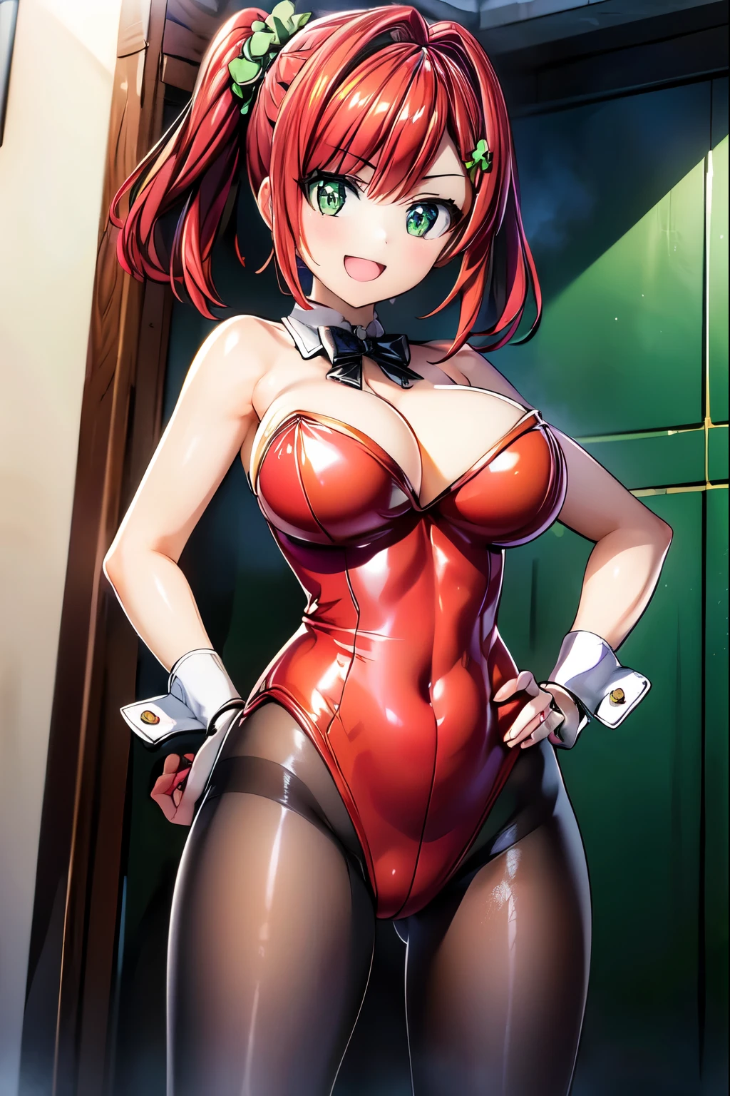 best quality, masterpiece, extremely detailed CG, official art , professional lighting, detailed background, sakimiyairuka, red hair, green eyes,(one side up), medium hair, green scrunchie, hair ornament, gleaming skin, big breasts, big ass, playboy bunny,(black pantyhose, bowtie, wrist cuffs), smile, casino, from front