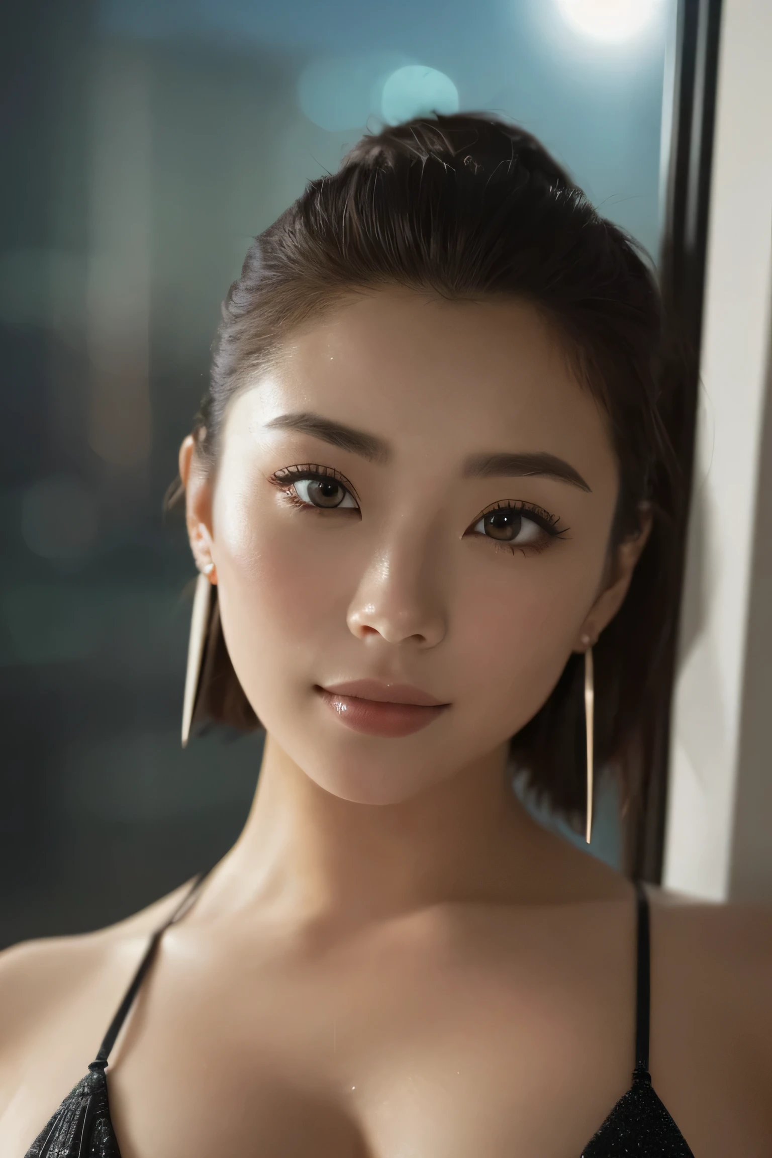 (masterpiece,highest quality:1) Detailed face、Bust shot of a very beautiful woman in a bikini swimsuit、 (((Very sharp focus、Sharp cutting edge)))、Beautiful photos of sweaters, Japanese adult women as movie stars, movie premiere gala, Dark and gloomy atmosphere (masterpiece:1.2) Night view of Tokyo in the background、 (Realistic:1.2) (Bokeh) (highest quality) (detailed skin:1.2) (Intricate details) (At night) (8k) (High resolution) (Cinema Lighting) (Sharp focus), ((Close-up portrait:1.2)), (Earrings), Avert your eyes ,(nature_skin,realskin:1.5), black_eye, low_slanting shot, outside_door, Detailed face、Detailed chest、BDSM