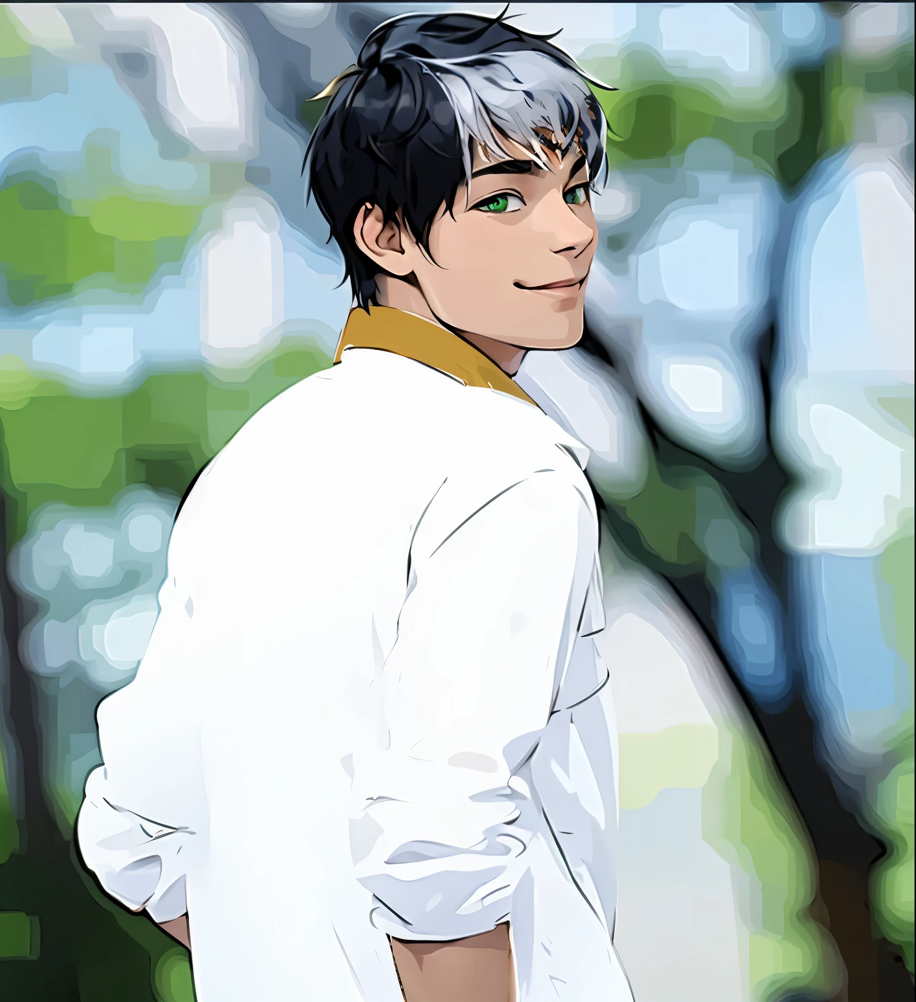 copper skin his skin is tan young man white hair green eyes mischievous smile he has gold jewelry on bracelets
