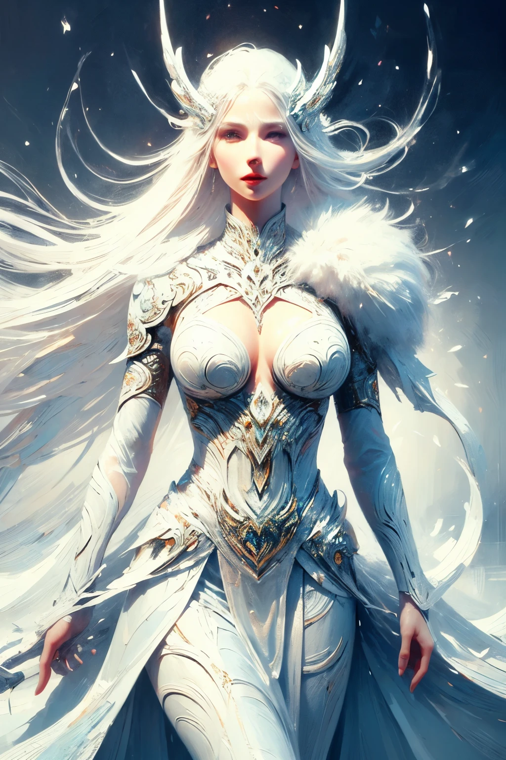 high definition, winter landscape, mountains in the background covered in snow, large breast, a woman with pink hair catching the sunlight and shimmering, adding an ethereal quality to the image, intricately detailed ice and snow sword in hand, highlighted crystalline ridges and valleys creating a sense of depth and texture, long, flowing purple skirt billowing in the wind, revealing her gracefulness, porcelain skin with delicate features, harmonious glow casting gentle light over the scene, masterpiece in 4K, ultra-realistic art.