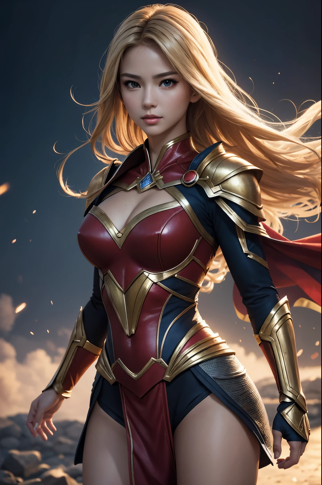 8K,Warrior Supergirl,Blonde,Super Beauty(Like the real thing),masterpiece,Photorealistic RAW photos of the highest quality。Bright colors,Rich colors, Backlight, Cinema Lighting, Film Grain, to be born, 50mm lens, Nikon D850,Realistic Skin,Fantasy art,Character Art,Ultra-high resolution,Surreal,A wonderful work of art、((Kyoto Panel Style))、Wind effects:1.9、Cloud Effect:1.2、Full Rendering、Beautiful armor patterns and decorations,Surreal,Armor details,Professional quality high resolution、Perfect contrast、Perfect lighting、Perfect composition、Perfect Skin、Perfect Fingers、Perfect breasts、Perfect Hair、Perfect Face、Realistic facial features,super highest quality,Slim figure,Perfect body line,Perfect hand shape,Anatomical body balance,Highly detailed face,Highly detailed eyes,Beautiful Lips,Excellent light particles,Cinema Lighting,Makeup,Ultra-high resolution,超Realistic Skin,Sexy woman closeup,Dynamic pose,Hard and strong abs,Makeup,Krypton Adult,