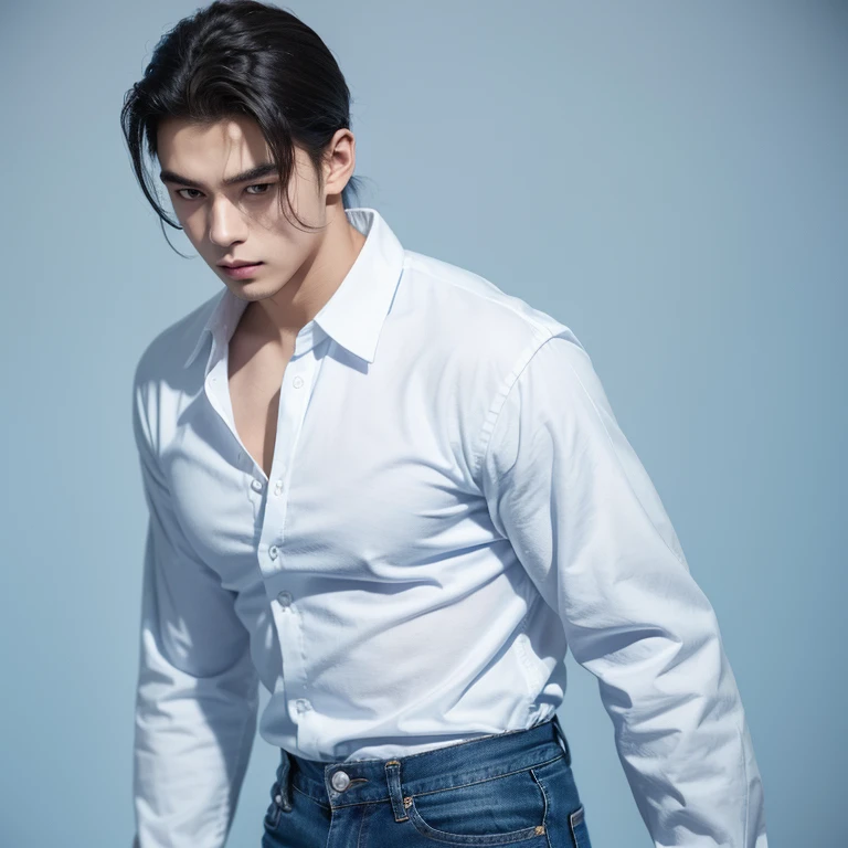male, 20 year old boy, black eyes, slick back, wearing white long hand shirt clothes, blue jeans, Pectoral muscles, Wide shoulders , half body photo, walking, head facing the camera, (background: blue color empty background)