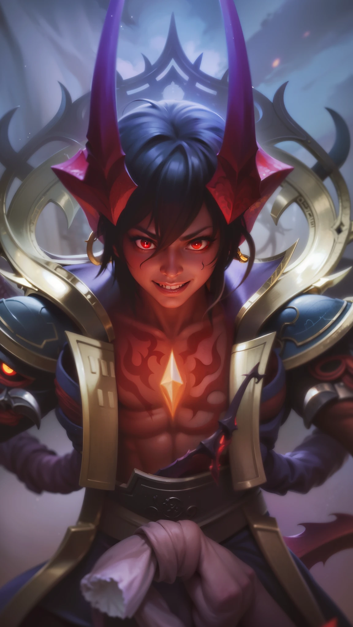 a close up of a person with a demonic face and a sword, Masterpiece, ultra HD, detailed all picture, a close up of a devil, dyrroth from mobile legend, evil, extremely detailed artgerm, mobile legends character, inspired by Dyrroth, Six pack chest and abs, yellow jewel above the chest, light red eyes, glare.