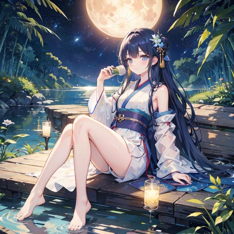 wallpaper, highly detailed, illustration, 1 girl, Azure hair, long hair, detailed eyes, full body, forest, bare shoulders, hanfu, lakes, pure, soft smile, bamboo, Tea, drinking tea, night time, starry sky, full moon, short hem