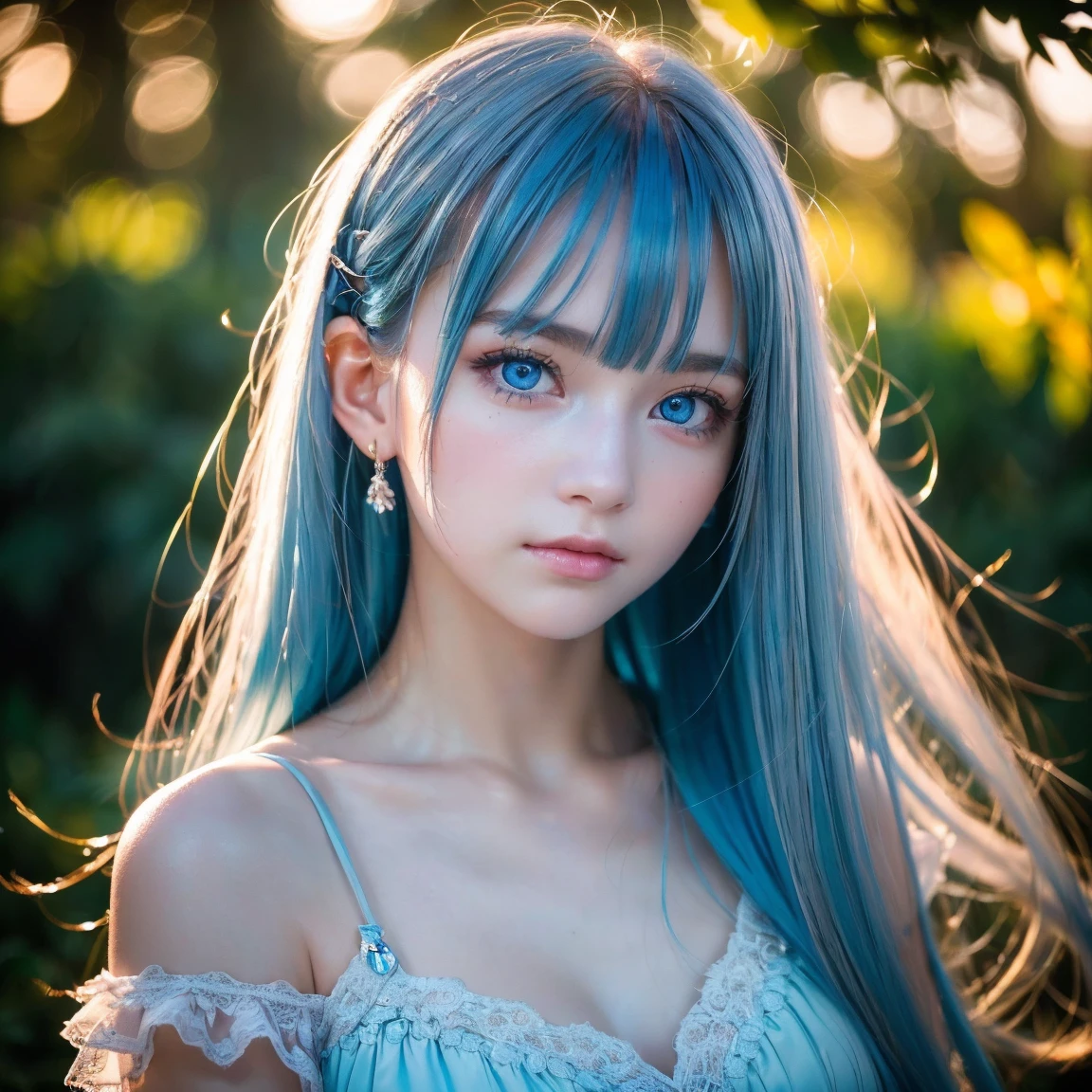 night, Raw photo, (((Very beautiful portrait))), (Glowing Skin)), 1 girl, 16 year old beautiful girl from Prague, (((Natural platinum Blue hair)), [Bright Blue Eyes], Super long hair, eyeliner, Fluttering Hair, bangs over eyes、Vibrant, ((masterpiece, 最high quality, Ultra Detail, Cinematic Light, Intricate details, High resolution, 8K, Very detailed)), Detail Background, 8K uhd, Digital single-lens reflex camera, Soft lighting, high quality, Film Grain, Fujifilm XT3, Shallow depth of field, Natural light, (Perfect hands), Perfect Face, View from afar、Small Face Beauty、