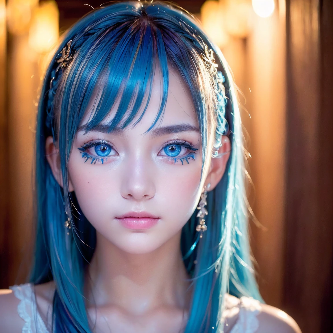 night, Raw photo, (((Very beautiful portrait))), (Glowing Skin)), 1 girl, 16 year old beautiful girl from Prague, (((Natural platinum Blue hair)), [Bright Blue Eyes], Super long hair, eyeliner, Fluttering Hair, bangs over eyes、Vibrant, ((masterpiece, 最high quality, Ultra Detail, Cinematic Light, Intricate details, High resolution, 8K, Very detailed)), Detail Background, 8K uhd, Digital single-lens reflex camera, Soft lighting, high quality, Film Grain, Fujifilm XT3, Shallow depth of field, Natural light, (Perfect hands), Perfect Face, View from afar、Small Face Beauty、