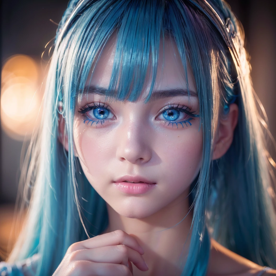 night, Raw photo, (((Very beautiful portrait))), (Glowing Skin)), 1 girl, 16 year old beautiful girl from Prague, (((Natural platinum Blue hair)), [Bright Blue Eyes], Super long hair, eyeliner, Fluttering Hair, bangs over eyes、Vibrant, ((masterpiece, 最high quality, Ultra Detail, Cinematic Light, Intricate details, High resolution, 8K, Very detailed)), Detail Background, 8K uhd, Digital single-lens reflex camera, Soft lighting, high quality, Film Grain, Fujifilm XT3, Shallow depth of field, Natural light, (Perfect hands), Perfect Face, View from afar、Small Face Beauty、