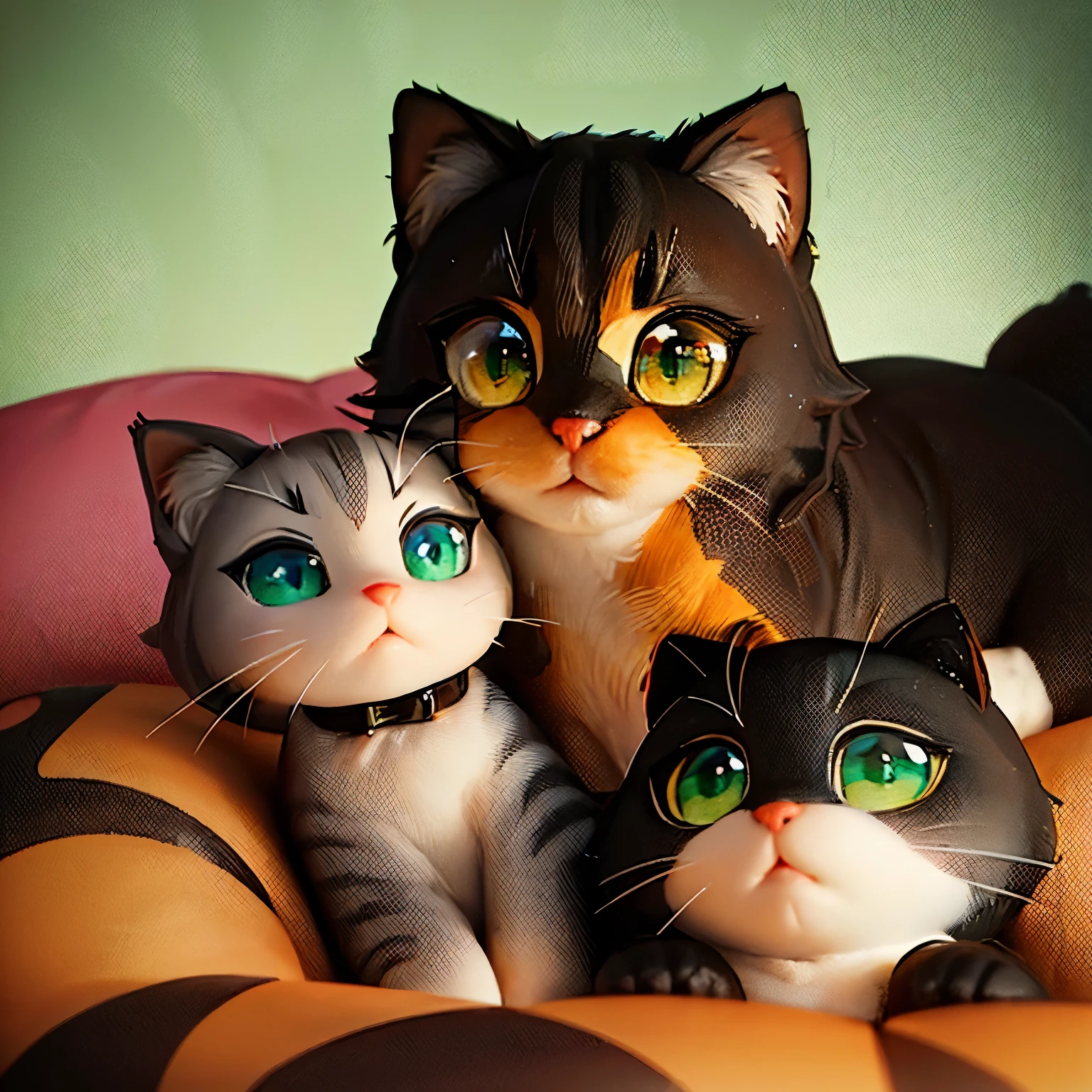 Pixar Disney type poster with a title that says mini, a small kitten, her fur is short, tortoiseshell type, her nose is black and her eyes are dark green., con collar rosado