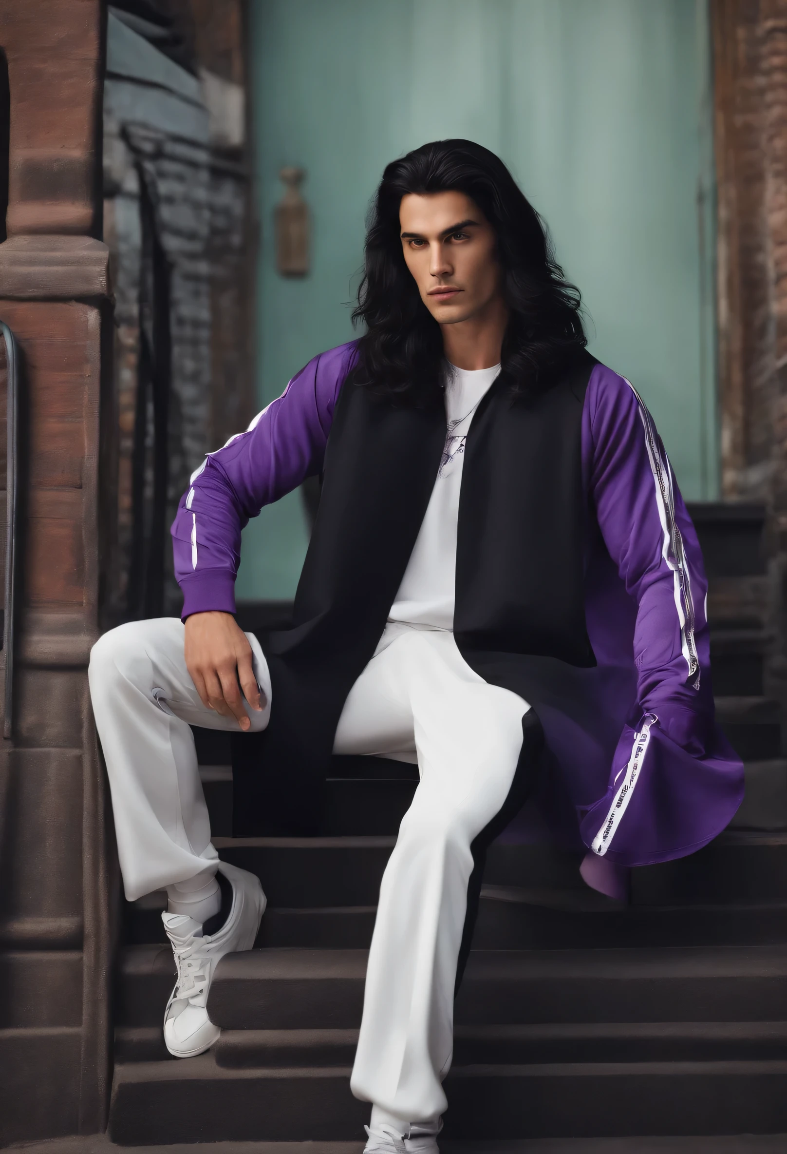 A hansome man with long black hair and violet eyes wearing baggy training clothes that consisted of black pants, sneakers, and a white shirt with a print that said: "You are not special.
