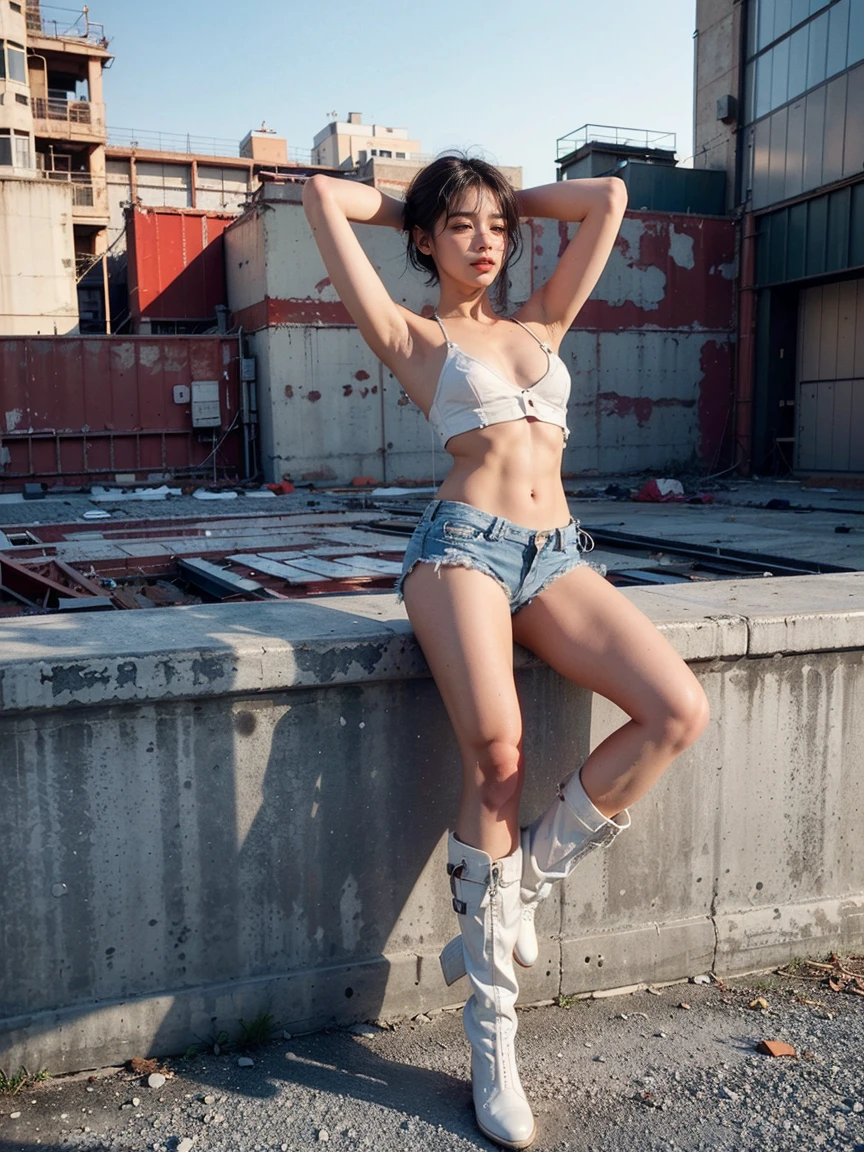 masterpiece,highest quality,High resolution,Full Body View,White jacket,Red innerwear,Belly button,Belted denim mini shorts,The heroine in white cowboy boots,Perfect Legs,Perfect Skin,Perfect Arms,Abdominal muscles,The background is an abandoned factory, short hair, naked portrait, nude photography, shiny nipple, show armpit 