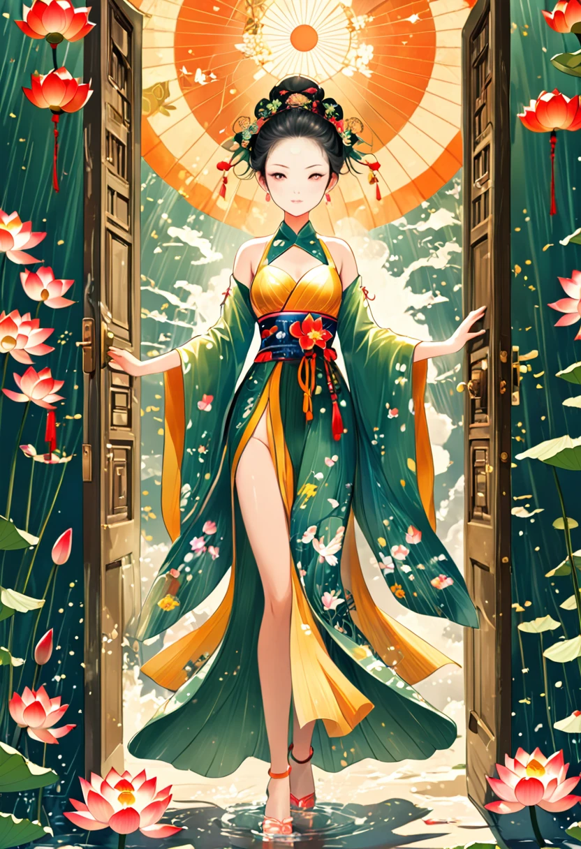 1girl, Flat illustration style, showing the characteristics of beach New Year pictures. Pattern shuttle, lotus stand. The door god, the fairy gathered, the image is bright. Rich colors, exquisite details. Flashing light and shadow, expressing struggle and hope, 1cgrssh1