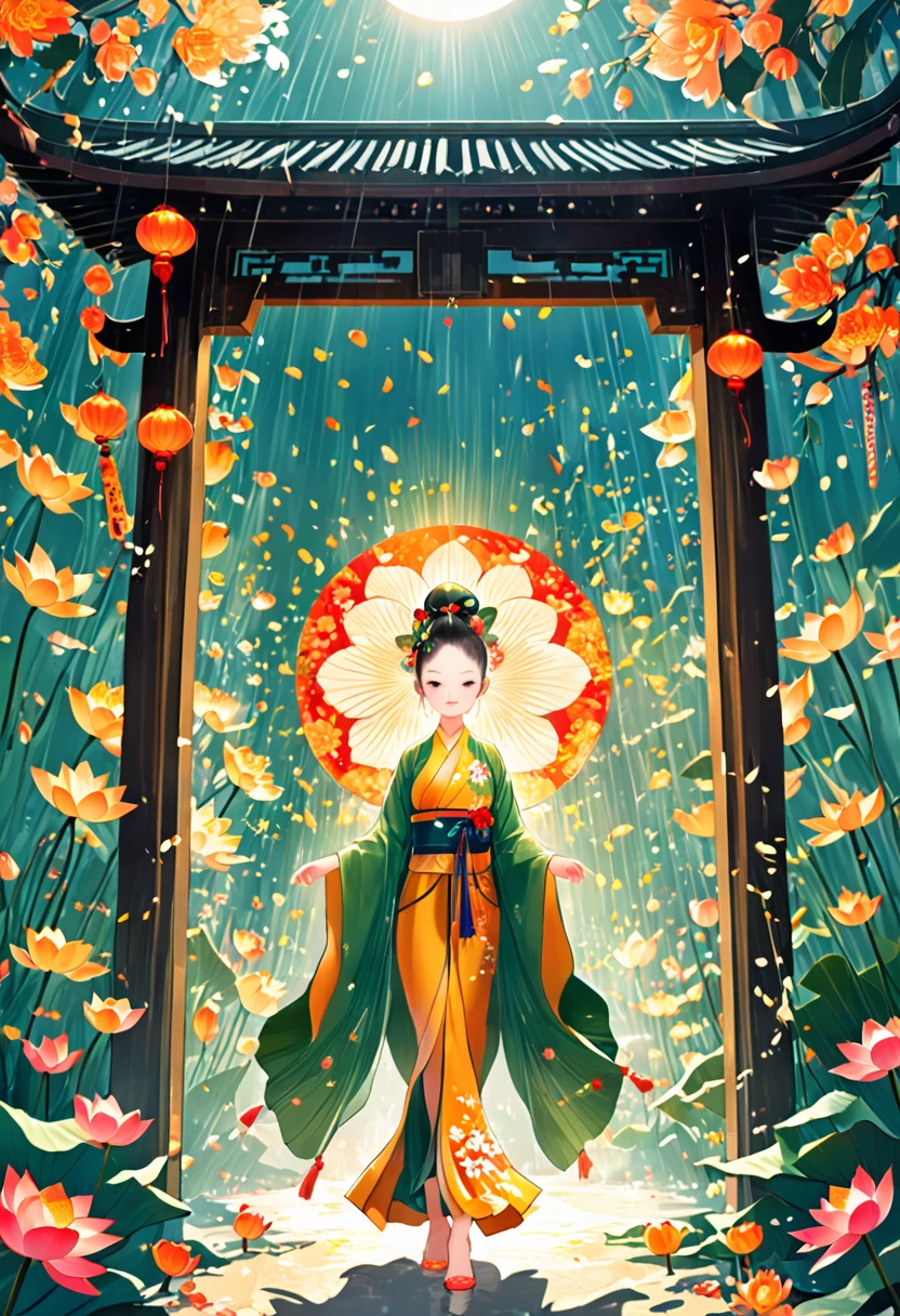 1girl, Flat illustration style, showing the characteristics of beach New Year pictures. Pattern shuttle, lotus stand. The door god, the fairy gathered, the image is bright. Rich colors, exquisite details. Flashing light and shadow, expressing struggle and hope, 1cgrssh1