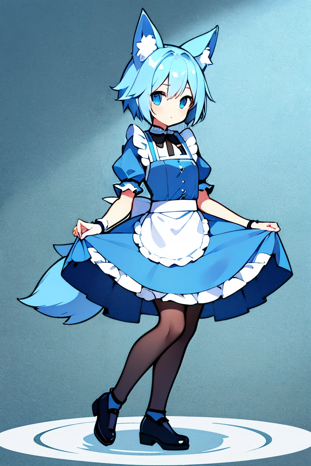 Light blue tail、Thin legs、Small waist、Long Skirt、Light blue hair、short hair、Animal ears、Black maid outfit、Don&#39;t expose your shoulders、White socks、White garter belt、Slender figure、Small breasts、Dim background、jitome、Blue Eyes、Composition from the front