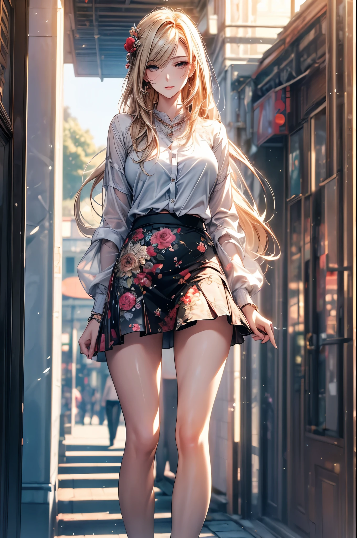 ((best quality, 8k, masterpiece: 1.3)), 1 Girl, Slim beauty: 1.3, (Long hair: 1.2), Floral Skirt, Long legs: 1.1, Super delicate face, Beautiful eyes, Double eyelids, outdoor, Octane Render