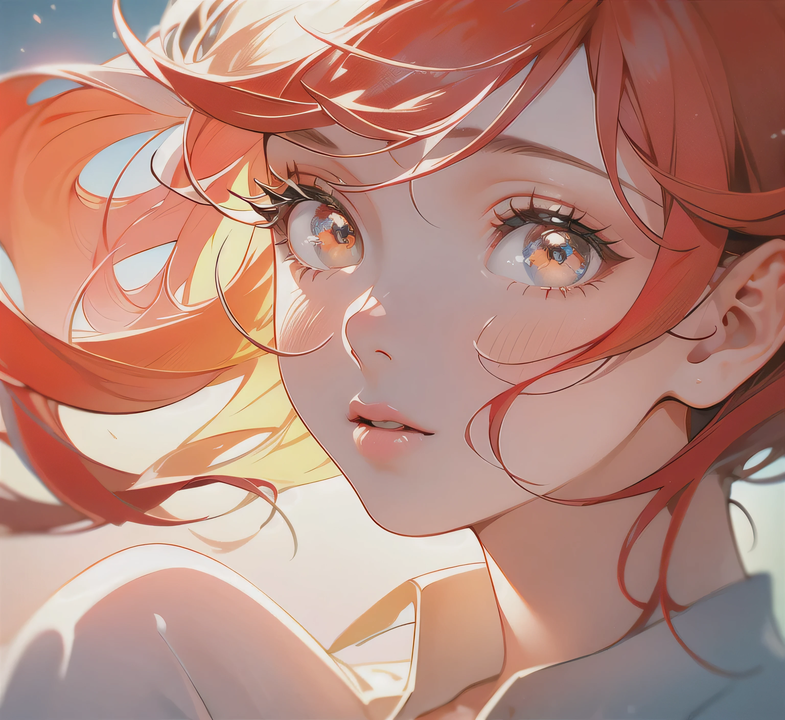"(best quality,ultra-detailed,high resolution:1.2), vibrant colors, detailed red wavy long hair,split bangs, mesmerizing hazel eyes, enchanting girl in a garden, bokeh, fine art, realistic lighting". soft light. RED, LONG HAIR. BEAUTIFUL EYES. THIS HAIR IS ((RED)). Red red red hair.