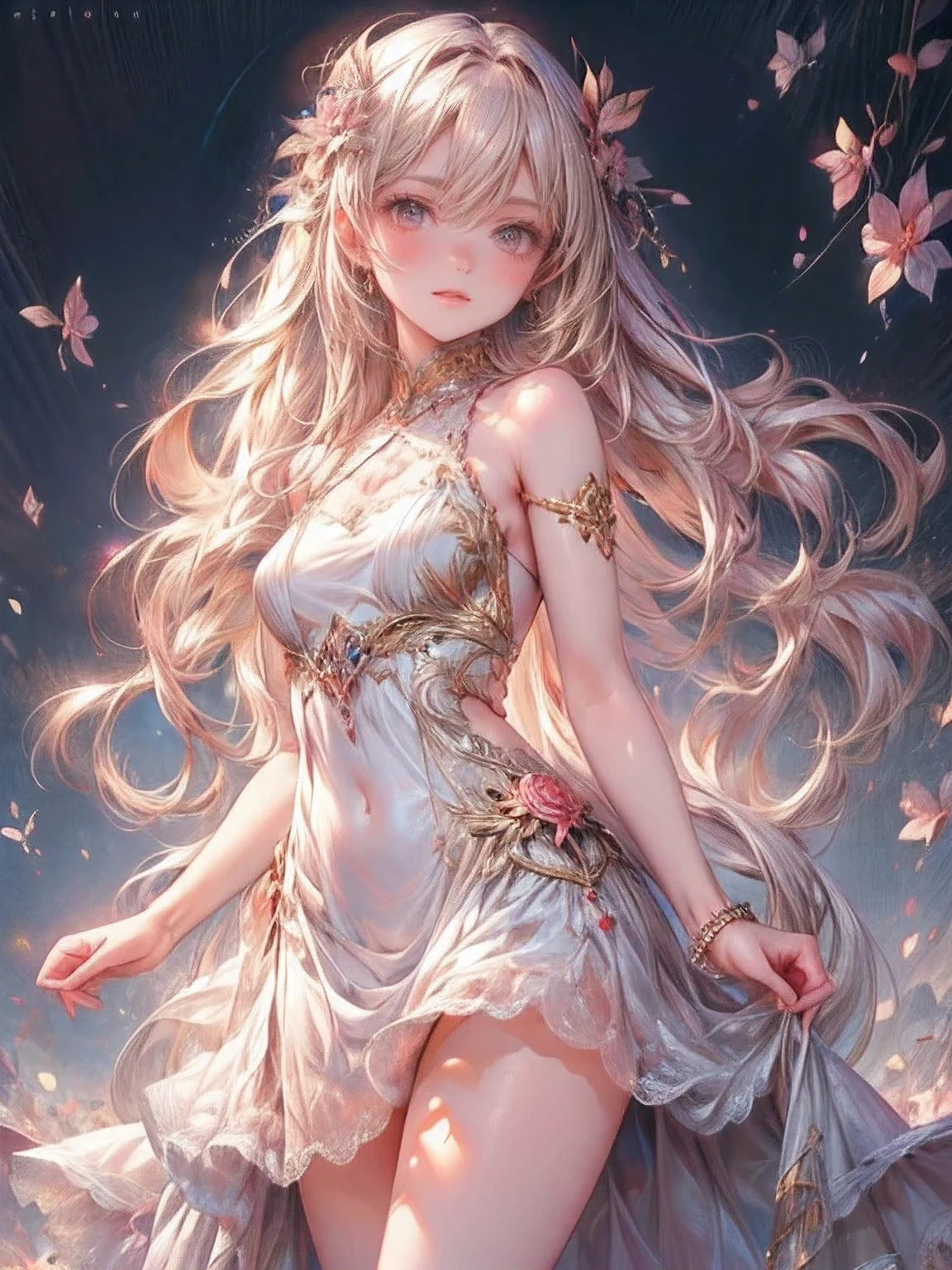 masterpiece:1.2, highest quality, 16k, highres, ultra-realistic, photorealistic:1.37, beautiful detailed:1.2, cute girl, standing in Fashion show, fashion model Striking a pose while standing elegantly on the runway, beautiful delicate artistic avant-garde revealing dress, gently smile, beautiful delicate(hair, face, long eyelash, eyes, pupils, lips, knee, anklet, dress), sparkling eyes, shining rosy lips, blushed cheek, through bangs,